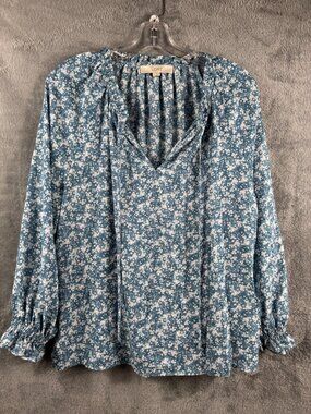 Loft Peasant Blouse Women’s Size Medium Blue Flowers Ruffle Bottom And Sleeves